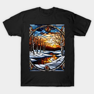 Stained Glass Window Snowy Winter Scene T-Shirt